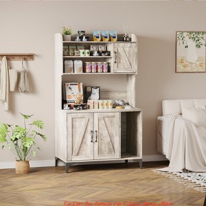 Bedroom Large Cat Litter Box Enclosure Furniture - Farmhouse Style Pet House w/ 3 Open Shelves, Storage Cabinet & Scratch Pad - 1 of 4