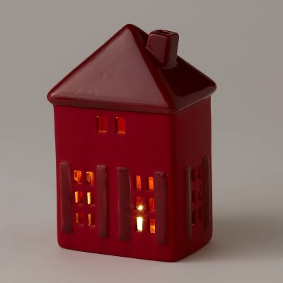 6" Battery Operated Lit Decorative Ceramic House with Shutters Red - Wondershop™
