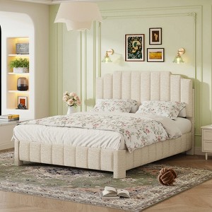 Boucle Bed Frame with Adjustable Headboard, Upholstered Platform Bed Frame, Solid Wood Slats, No Box Spring Needed - 1 of 4