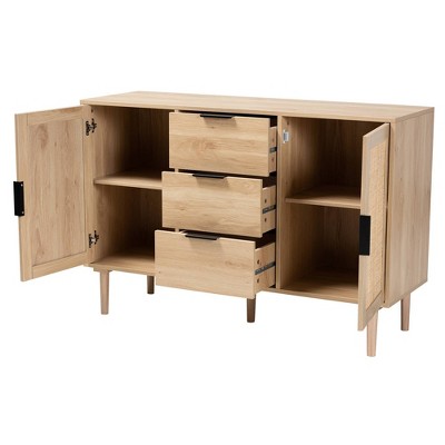 Harrison Natural Wood and Rattan 3-Drawer Buffet Sideboard