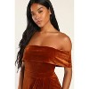 Elegant Velvet Ruched Bodycon Wrap Off The Shoulder Dresses for Women High Slit Cocktail Party Midi Dresses Light Brown S - 3 of 4