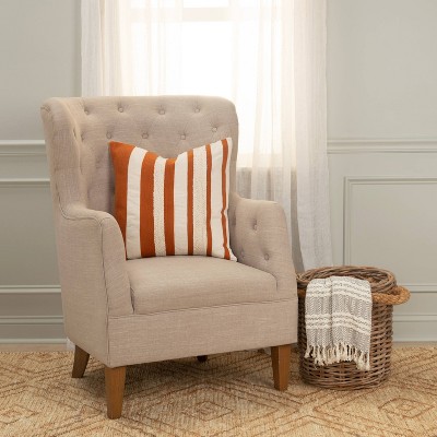 Rust and Natural Embroidered Stripe Square Throw Pillow