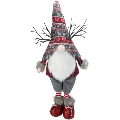 Northlight 30" Red and Gray Nordic Hat Standing Christmas Gnome with LED Antlers