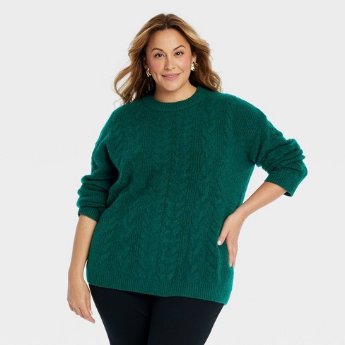 Women s Cable Knit Crewneck Pullover Sweater Ava Viv Dark Green 2X