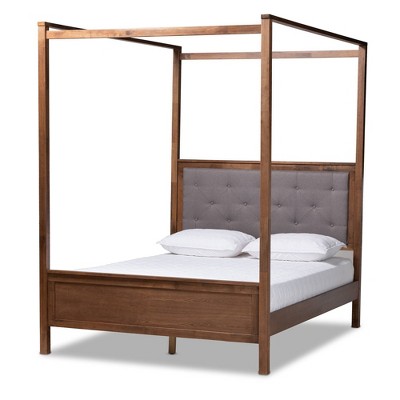 King Gray Upholstered Wood Platform Canopy Bed with Tufted Headboard