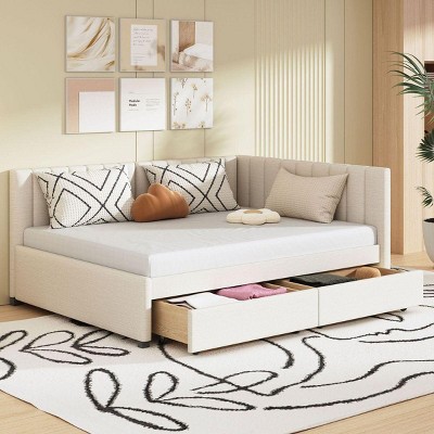 Streamdale Full Size Upholstered Daybed with 2 Storage Drawers Sofa Bed Frame No Box Spring Needed, Linen Fabric (Beige)