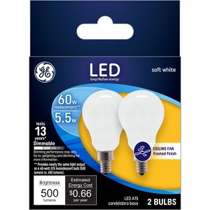 GE 2pk 60W A15 LED Ceiling Fan Light Bulbs Frosted: Dimmable E12 Base, 500 Lumens, 2700K, 5.5W, 13.7-Year Life - 1 of 3