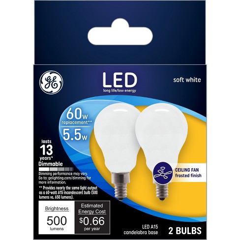 GE 2pk 60W A15 LED Ceiling Fan Light Bulbs Frosted: Dimmable E12 Base, 500 Lumens, 2700K, 5.5W, 13.7-Year Life - image 1 of 3