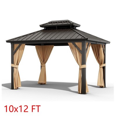 10X12 FT Outdoor Galvanised Steel Hardtop Gazebo Double Roof With Netting & Curtain