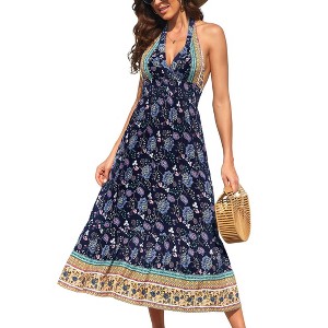 Women's Summer Fashion Floral Halter High Waist Dress V-Neck Wrap Bohemian Dress Sleeveless A Line Flowy Beach Casual Maxi - 1 of 4