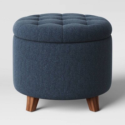 Small Buttoned Footstool Pouffe Marine Blue Vinyl Mini Stool Under