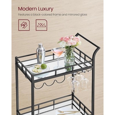 Black Steel Bar Cart with Mirrored Shelves and Wine Holders