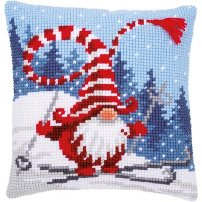 Vervaco Counted Cross Stitch Cushion Kit 16"X16"-Christmas Gnome Skiing