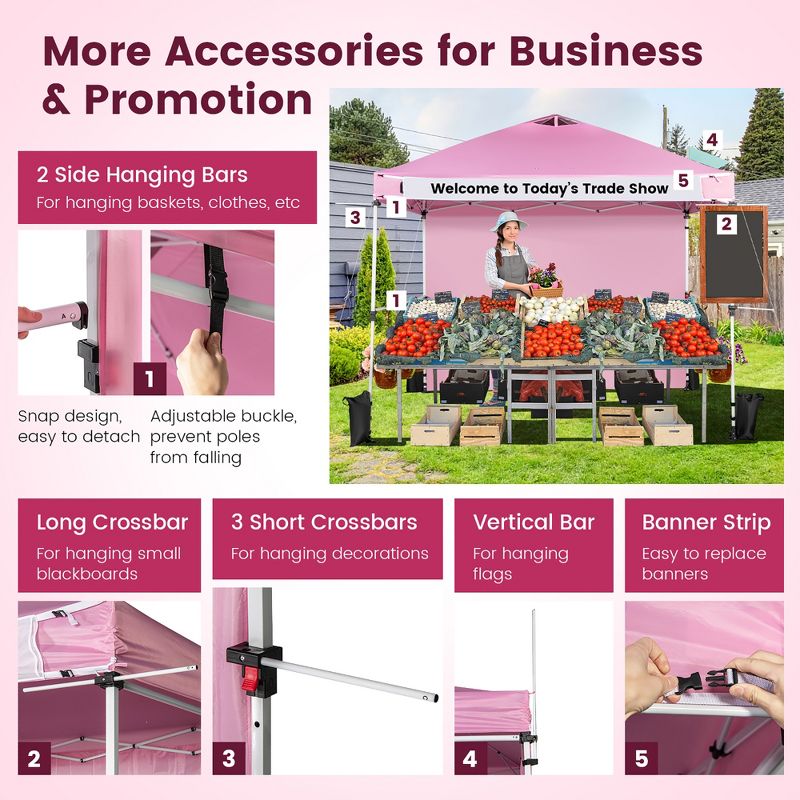 Costway 10'x10'Commercial Pop-up Canopy Tent Sidewall Folding Market Patio White/Pink, 5 of 11