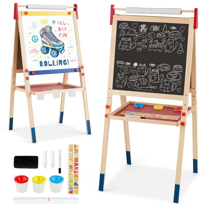 Costway All-in-One Wooden Kid's Art Easel Height Adjustable Paper Roll, 1 of 11