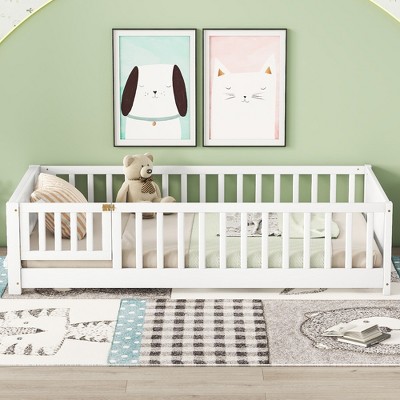 Floor Platform Bed with Fence and Door for Kids