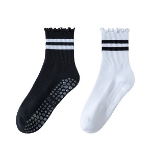 Anna-Kaci Women's 2-Pack Non-Slip Athletic Crew Socks with Ruffle Cuff and Stripe Detail Soft Stretch Fit - 1 of 4