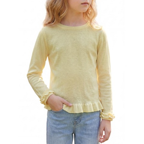 INSPIRE CHIC Girls Crew Neck Long Sleeve Top Ruffle Cuff Lettuce Hem Fall Winter Kids 5-10 Y Basic Knit Shirt Small Light Yellow