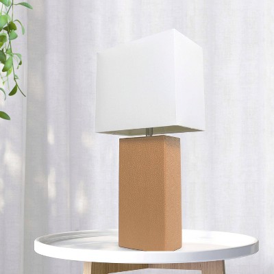 21" Beige Leather Base Table Lamp with Fabric Shade