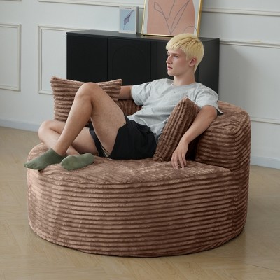 WJSHome Oversized Round Chaise Longue Chair Indoor,Upholstered Corduroy Deep Seat Circle Single Foam Couch,Cloud Lounge Floor Sofa Chair, Brown