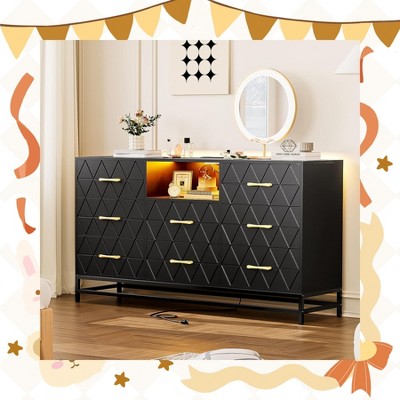 Garvee 8 Drawer Black Dresser for Bedroom ¨C Modern Wood TV Stand with Charging Station & LED Lights, Large Capacity Storage