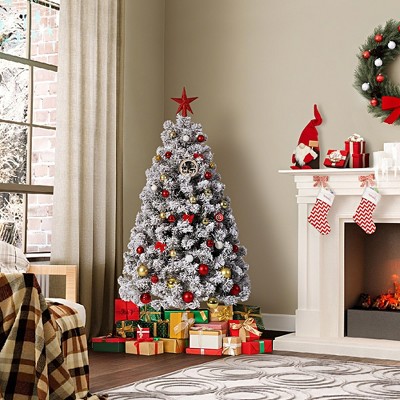 Snow Flocked Prelit Christmas Tree, 100 Warm White Lights, Foldable Stand, 318 Tips for Home/Office