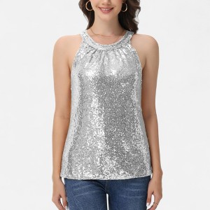 Anna-Kaci Women's Sleeveless Sequin Halter Top with Pleated Neckline and Sparkling Finish - 1 of 4