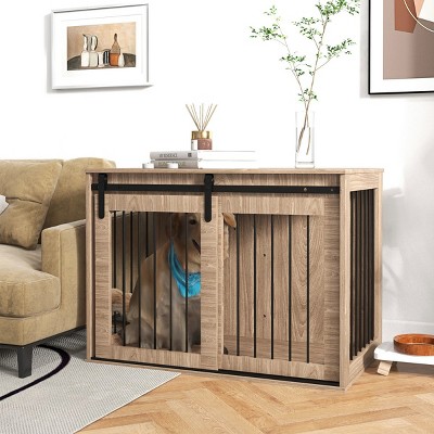 Dog Crate Furniture for Large Dogs,39'' Indoor Wooden Dog Kennel with Sliding Door and Ventilation - LAOTIES