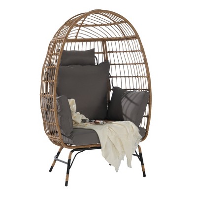 Infurnic Patio Accent Chairs, Outdoor Wicker Egg Chair with Soft Cushions, Comfortable Chair for Patio Backyard Living Room, Gray, 36.22"*27.2"*57.1"
