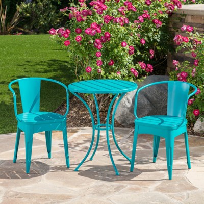 VisioGear Patio Bistro Sets, 3 Pieces Patio Dining Sets with Metal Table Top for Backyard or Poolside, Teal, 24.25"*24.25"*30"