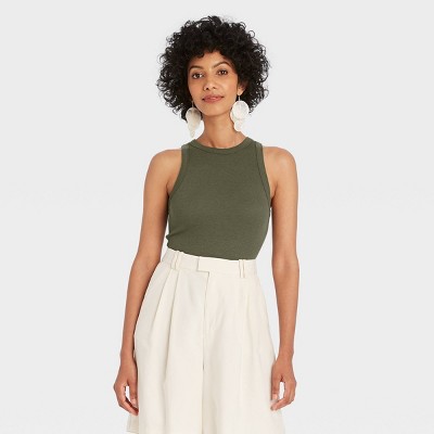 Women's Slim Fit Ribbed High Neck Tank Top - A New Day™ Olive S : Target