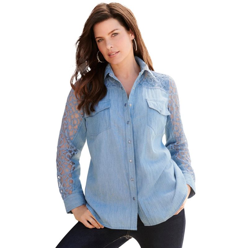 Roaman's Women's Plus Size Lace-Sleeve Denim Big Shirt, 1 of 2