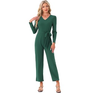 Allegra K Women's V Neck Jumpsuit Long Sleeve Tie Waist Wide Leg Long Pants Elegant Knit Jumpsuits - 1 of 4