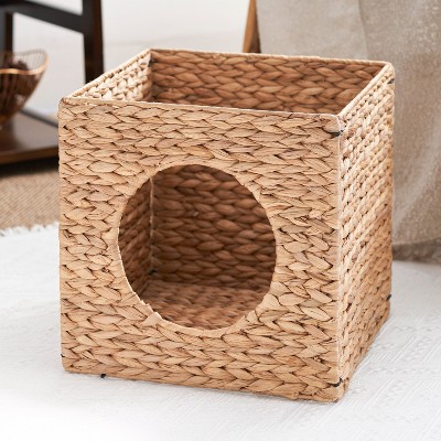 Natural Brown Water Hyacinth Woven Square Cat Bed Cave