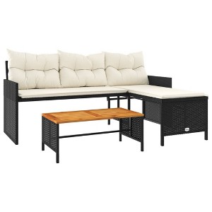 vidaXL L-Shaped Patio Sofa Set - Black Poly Rattan Outdoor Furniture with Acacia Wood Table and Cream White Cushions - 1 of 4