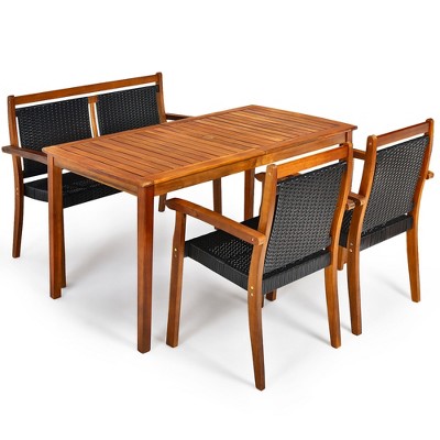 Tangkula 4PCS Patio Dining Set Acacia Wood  Rattan Furniture Set w/ Umbrella Hole