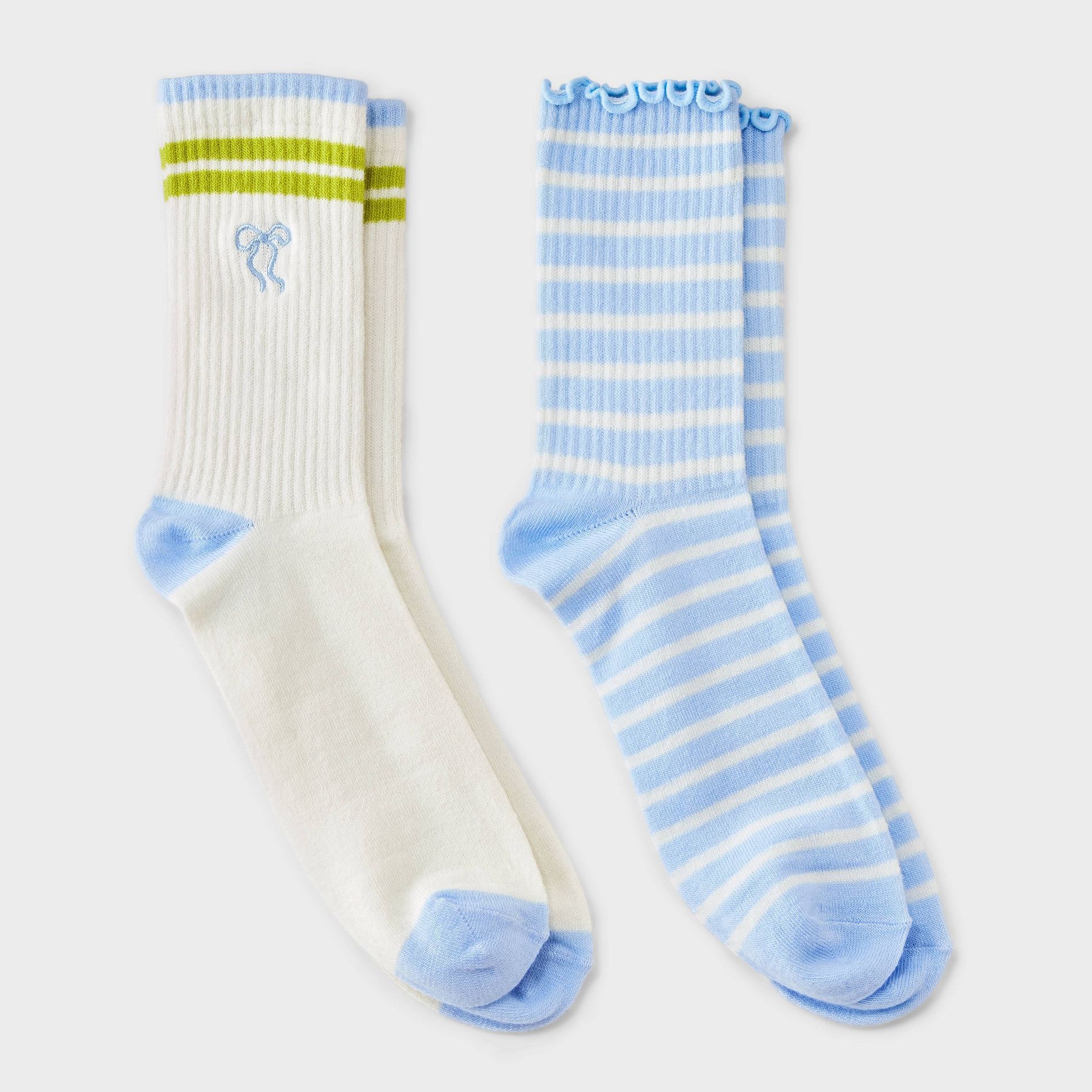 Representative product-family photo: Women's 2pk Ribbed Scallop Edge Embroidered Bow Crew Socks - Wild Fable™ Cream/Blue 4-10. Pictured option and availability are unverified.