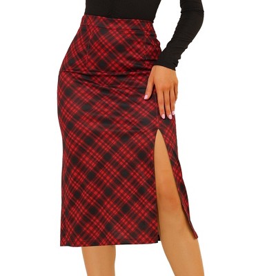 Allegra K Women's Plaid High Waisted Stretchy Slit Midi Pencil Skirt