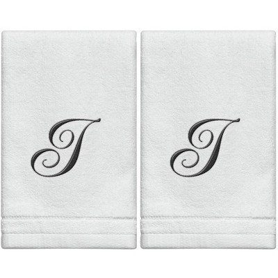 Creative Scents Set of 2 White Fingertip Monogrammed Towels, Black Embroidered