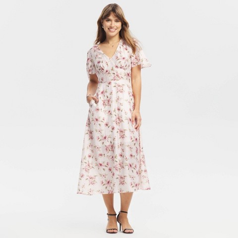 Женские платья A New Day Women's Flutter Short Sleeve Midi Dress - A New Day™ Light Pink Floral M