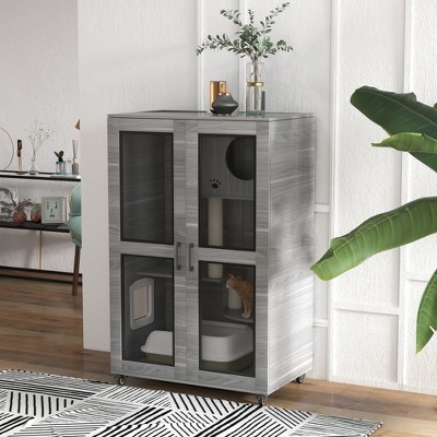Gray Freestanding Sisal Cat House with Scratching Post and Wheels