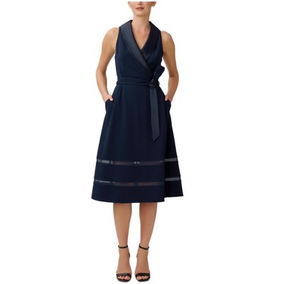 Adrianna Papell Womens Tuxedo Collar Belted Fit & Flare Dress