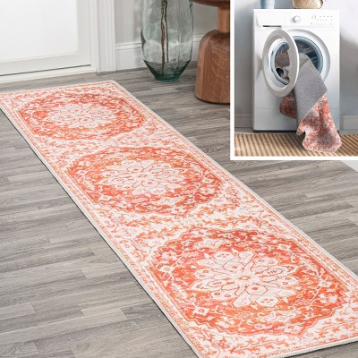 2' x 8' Orange and Cream Synthetic Medallion Runner Rug