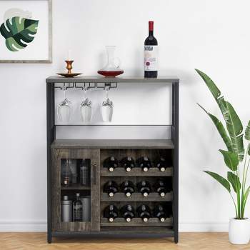 Whizmax Wine Bar Cabinet with Detachable Rack, Glass Holder, Small Sideboard and Buffet Mesh Door, Gray