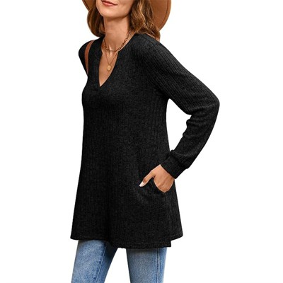 Womens Fall Sweaters Long Sleeve V Neck Tunics Tops Side Split Casual Sweatshirt With Pocket