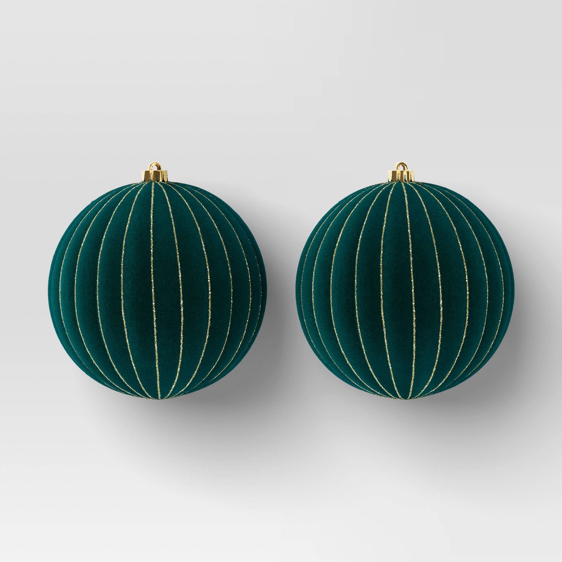 2ct Christmas 200mm Flocked Ribbed Glitter Ornament Set Green - Wondershop™
