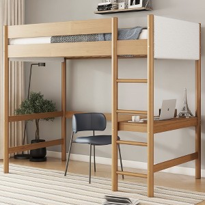TIRAMISUBEST Twin Size Loft Bed with Desk, Boucle Upholstered Headboard and Footboard,Rubber Wooden Loft Bedframe with Ladder, Safety Guardrails - 1 of 4