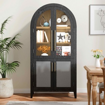MAYEERTY 63 Tall Arched Storage Cabinet 5 Tier Glass Rattan Door Black