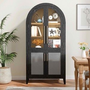 MAYEERTY 63 Tall Arched Storage Cabinet 5 Tier Glass Rattan Door Black - 1 of 4
