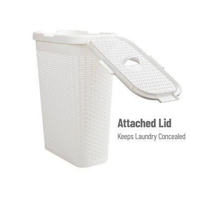 White Slim Rectangular Wicker Laundry Hamper with Lid